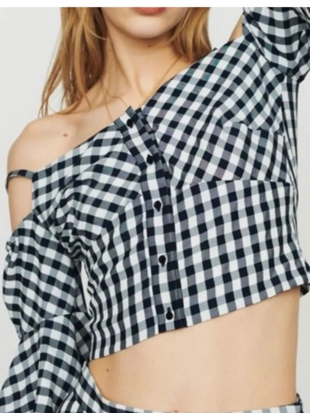 Maje Black & White Gingham Off-Shoulder Crop Top size extra small